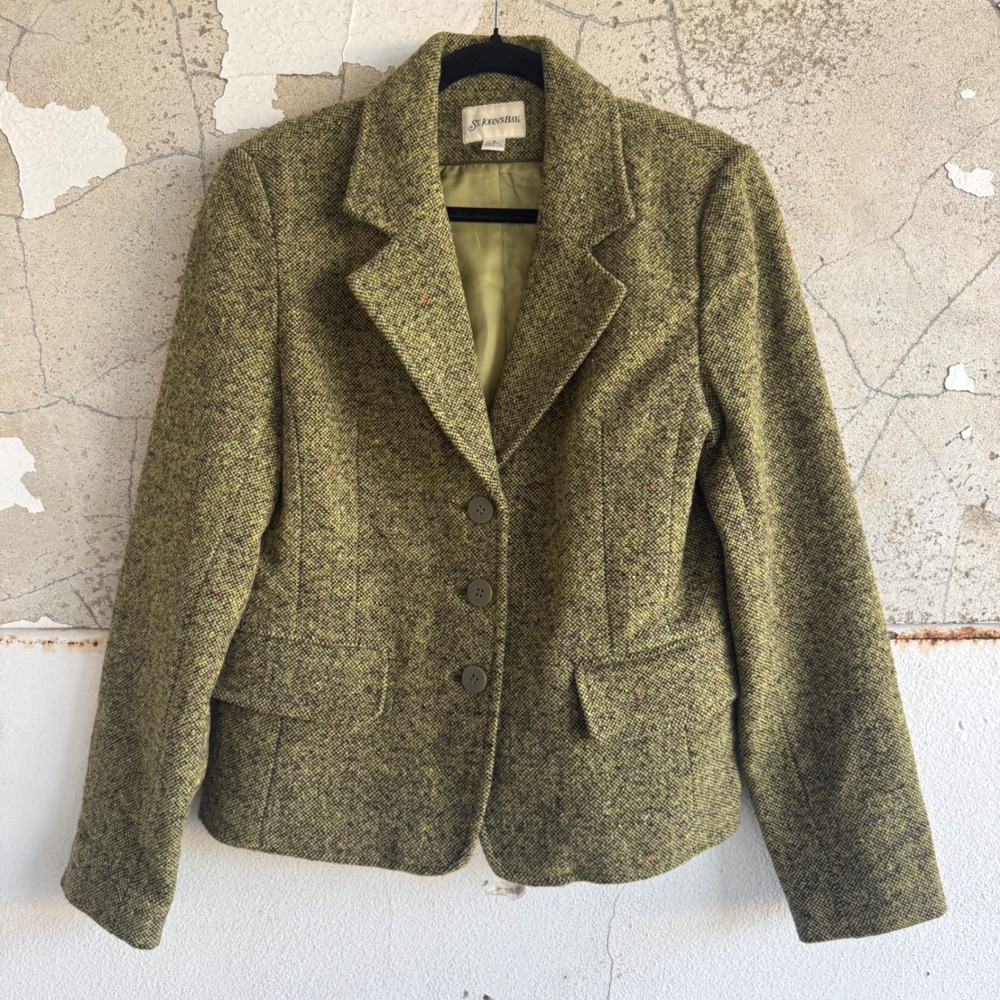Tweed Wool Blazer Jacket Vintage St Johns Bay Button Front Coat Womens 8 Green